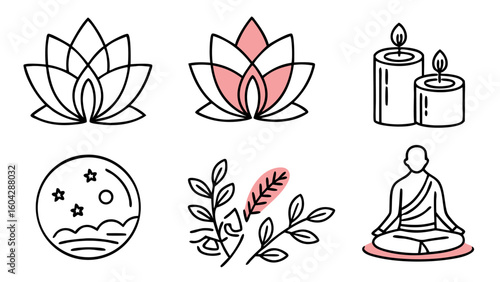 Collection of meditation and relaxation elements including lotus flowers candles celestial scene and meditating figure