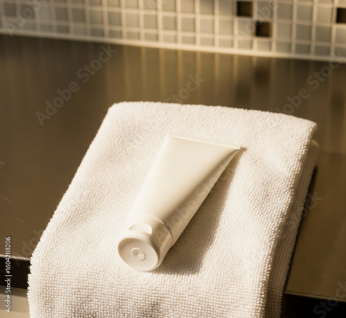 Face wash bottle on a towel
