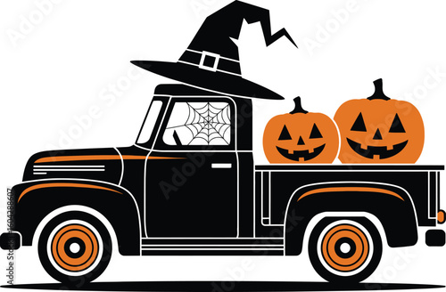 Retro Halloween car with a spooky jack-o'-lantern pumpkin