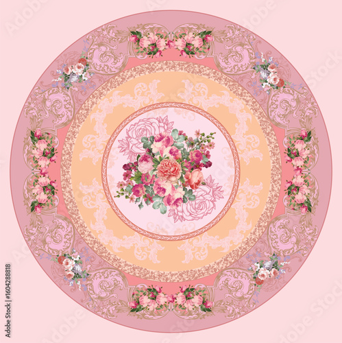 Middle Eastern swirl circle pattern in pink floral design, suitable for elegant floor prints and dance floor decoration