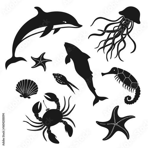 Marine Animal Silhouettes Vector Set – Sea Life Icons in Bold Isolated Black Style

