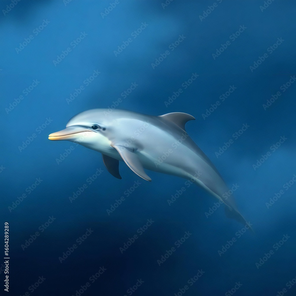 Obraz premium A dolphin swimming in the ocean with a blue background and a yellow beak in the water deep below it