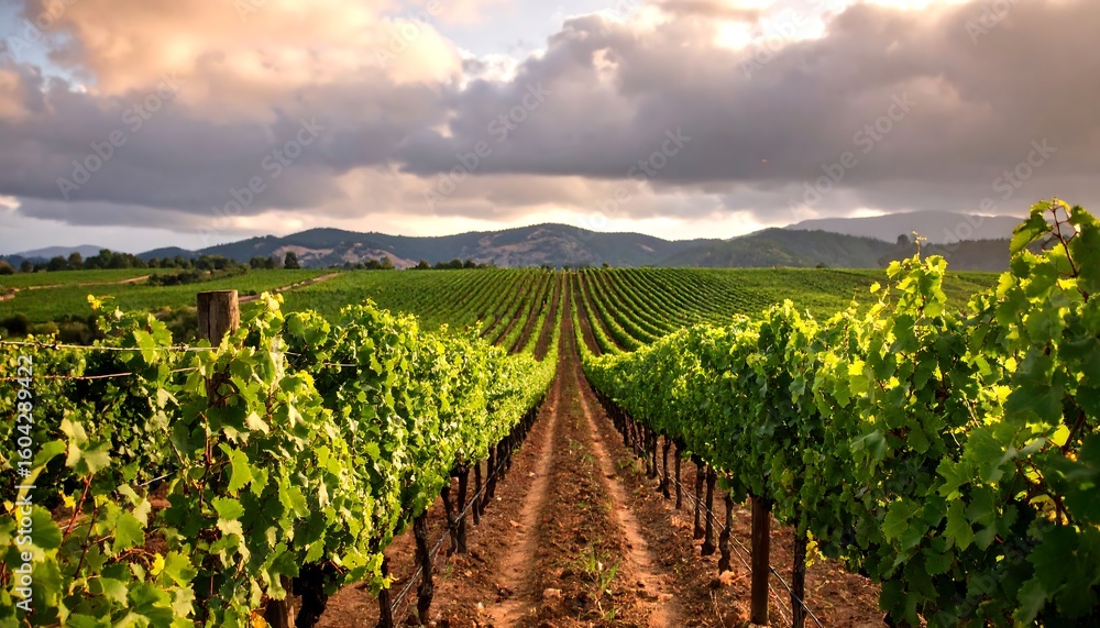 Obraz premium Lush vineyard rows stretching to hills under a dramatic sky