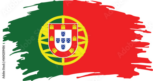 grunge brush stroke illustration of portugal national flag with green and red background and coat of arms

