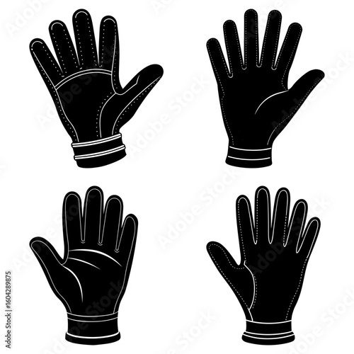 Four black gloves in various positions with detailed stitching and wristbands on a white background