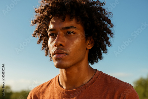 Backlit portrait of curly-haired man with glowing natural skin