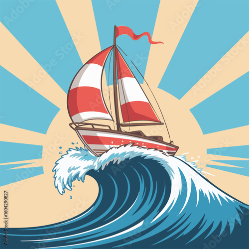 Vintage sailboat with red sails navigates a large ocean wave under a bright sunburst sky