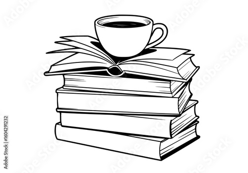 Stack of books with coffee cup illustration reading
