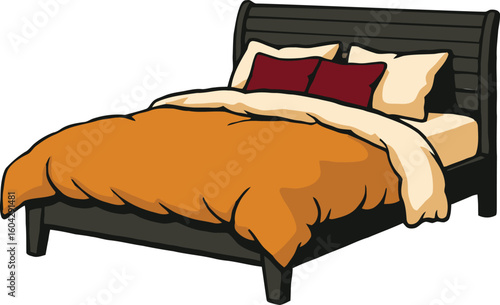 Ornate cozy bed with orange comforter and pillows