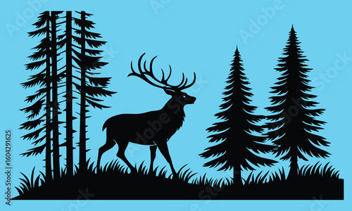 Black and White Silhouette of Stag in Pine Forest Minimalist Woodcut Style