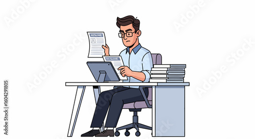 A cartoon businessman, overwhelmed by paperwork, sits at a cluttered desk, looking concerned.