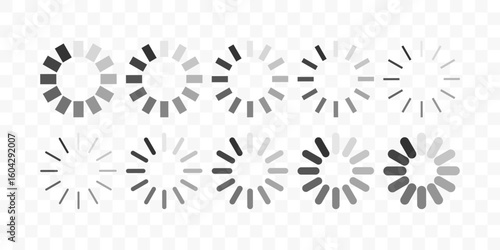 Circle Loading bar icons collection. load process symbol set isolated on transparent background. Upload status, buffering icon for website, infographic, mobile app, software