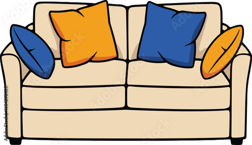 Beige two-seater sofa with yellow and blue throw pillows