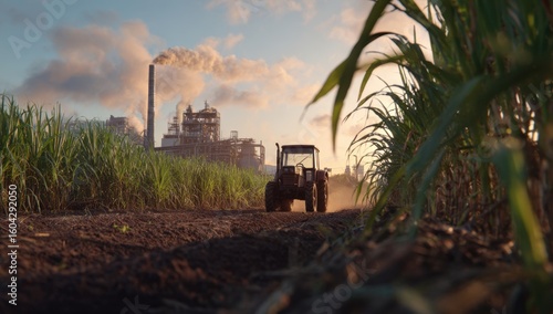 A tractor drives through a field of tall green plants towards a large industrial complex under a hazy sky at sunset.