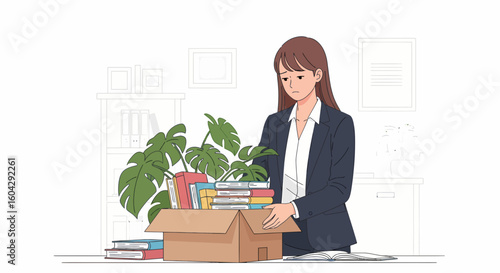 A woman in a suit, looking down, packs belongings into a cardboard box, signifying a move or job loss.