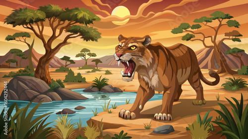 A sabertooth cat growls at intruders near a watering hole in a dry savanna under the midday sun