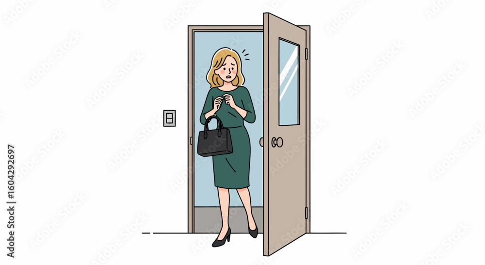 Fototapeta premium A woman looks surprised as she walks through a doorway, holding a handbag.