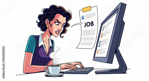 Frustrated woman types at a computer with a job application floating nearby, and a cup of coffee on the desk.
