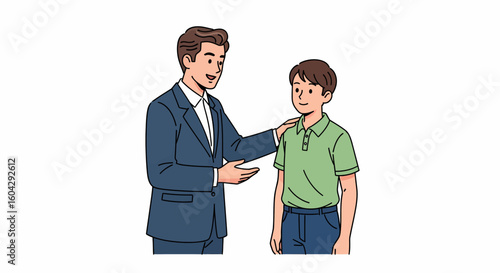 Man in suit places hand on the shoulder of a boy, speaking to him in a supportive manner.