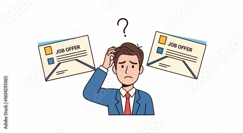 A confused man contemplating two job offers, unsure of his choice.