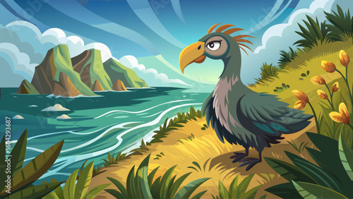 A dodo bird stands awkwardly in tall grass near a coastal cliff, winds blowing across the Atlantic and rustling the leaves