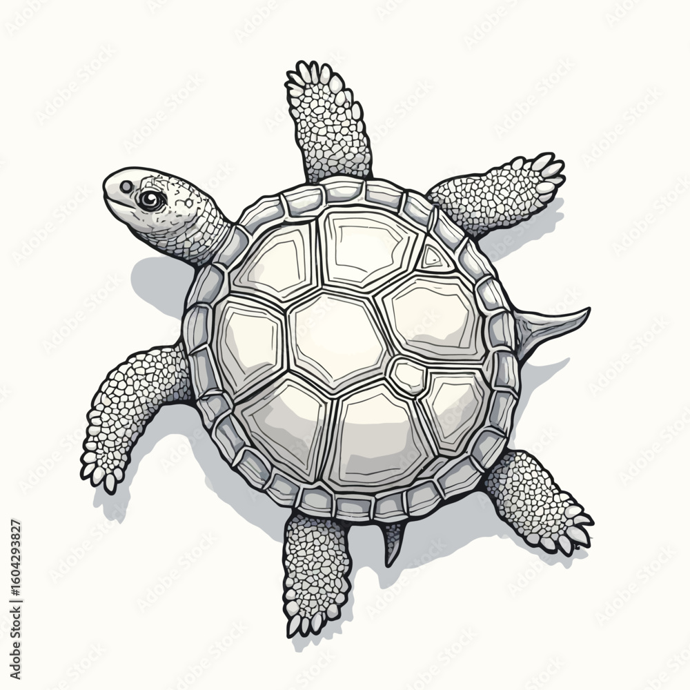 Fototapeta premium Detailed illustration of a turtle, viewed from above, showcasing its shell's intricate pattern and limb details.