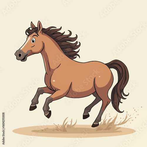 Cartoon illustration of a brown horse galloping across a field.