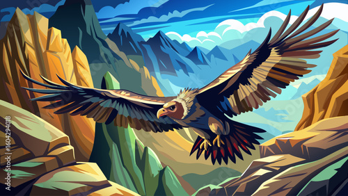 A prehistoric condor soars above rocky peaks, its massive wings gliding through crisp mountain air
