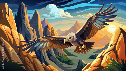 A prehistoric condor soars above rocky peaks, its massive wings gliding through crisp mountain air