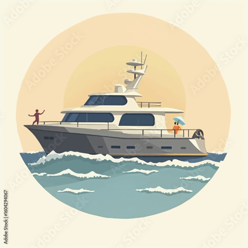 Luxury yacht on a calm sea, with two people on deck at sunset.
