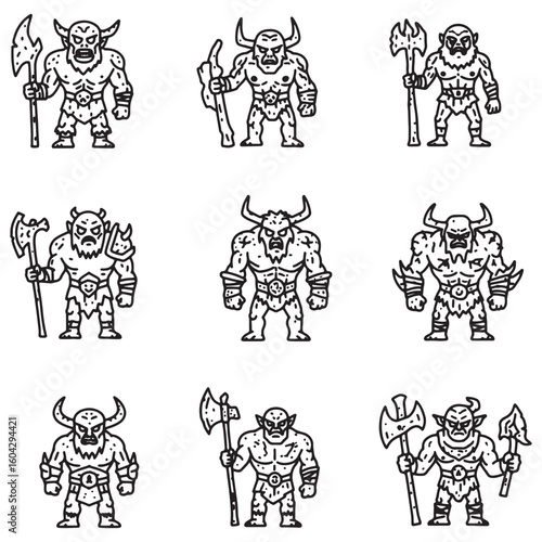 Collection of hand-drawn outlined demons with horns and weapons in various poses