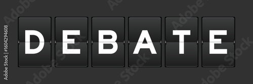 Black color analog flip board with word debate on gray background