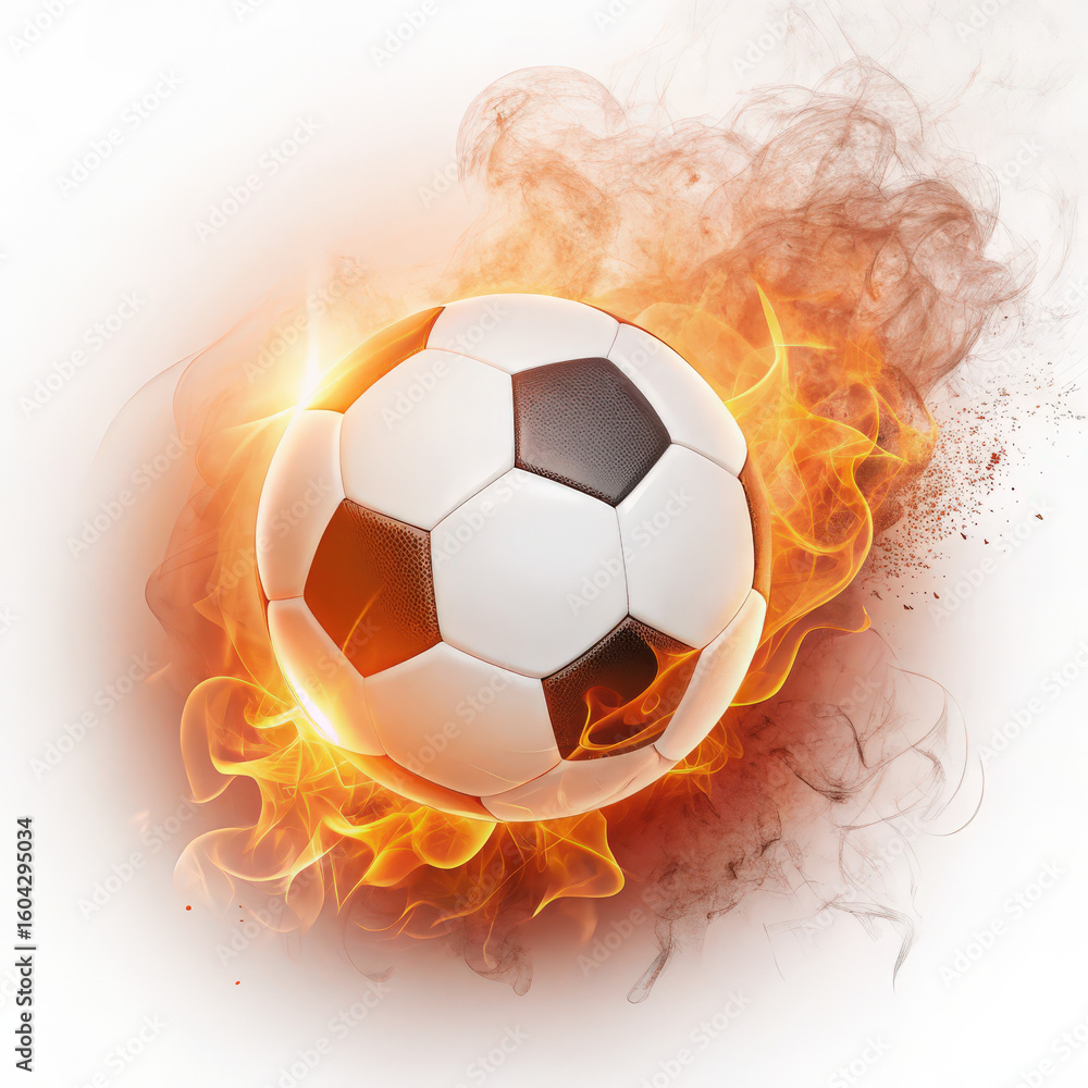 Fototapeta premium Fiery soccer ball ignites with intense flames and smoke isolated on transparent background
