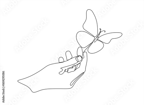 One continuous line drawing of hand holding butterfly. Beautiful flying moth for wellbeing beauty or spa salon logo in simple linear style. Hand drawn one line vector. Editable stroke	