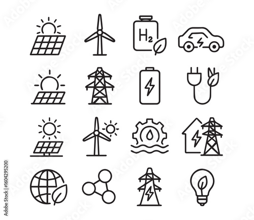 Renewable Energy and Clean Power Line Icons. Solar, Wind, Hydrogen, EV Charging vector illustration.
