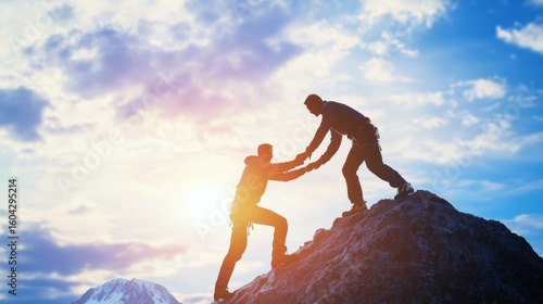 Two People Climbing Mountain Peak Together