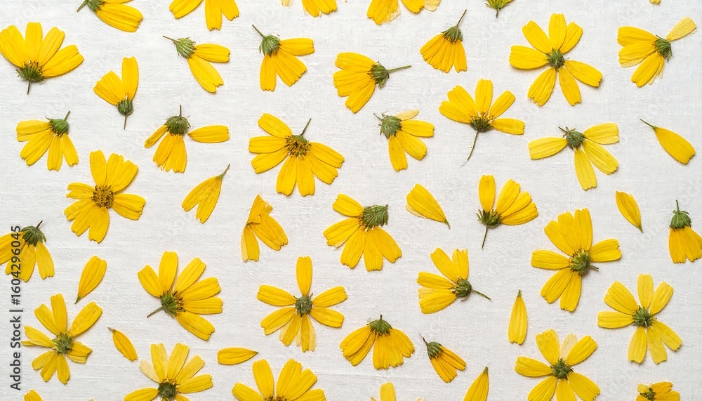 Obraz premium Yellow flower petals scattered on white fabric