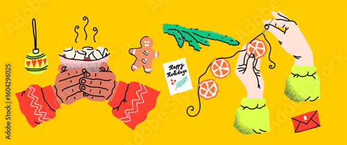 Hands with holiday preparations. Creative festive activities. Human arms actively wrapping gifts and decorating. Seasonal items like gingerbread and greeting cards. Handmade DIY holiday joy.