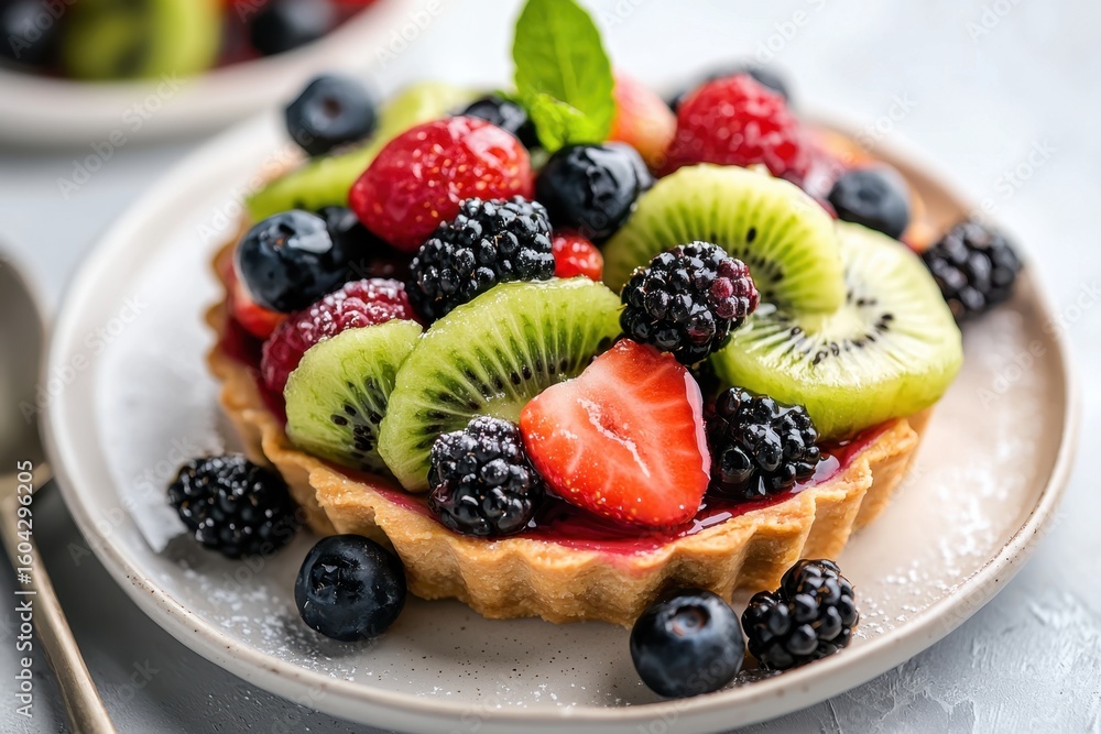 Delicious fresh fruit tart with glossy berries and kiwi slices kitchen table setting food photography bright and inviting environment Delicious fresh fruit tart with glossy berries and kiwi slices kitchen table setting food photography bright and inviting environment