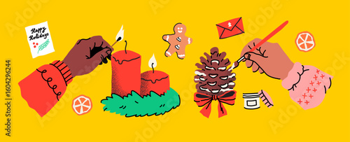 Hands with holiday preparations. Creative festive activities. Human arms actively wrapping gifts and decorating. Seasonal items like gingerbread and greeting cards. Handmade DIY holiday joy.