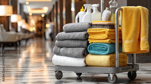 Hotel cleaning cart supplies, housekeeping service scene, professional maintenance equipment, modern hospitality design