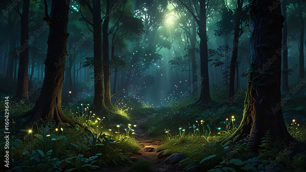 Obraz premium Enchanted Magical Forest with Sunlight, Fireflies and Mystical Glow V6
