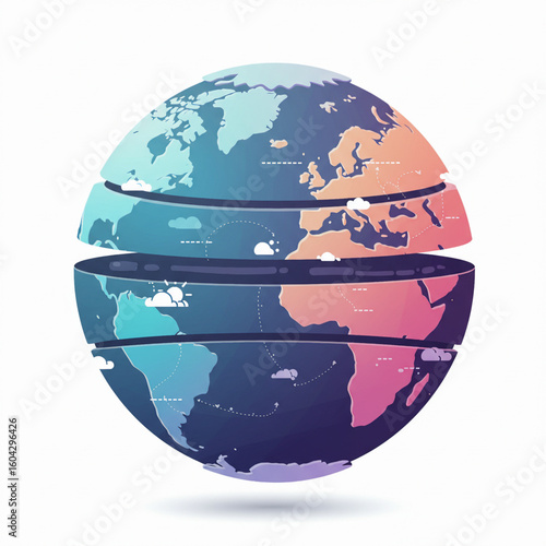 Vector globe with layered continents and flight paths