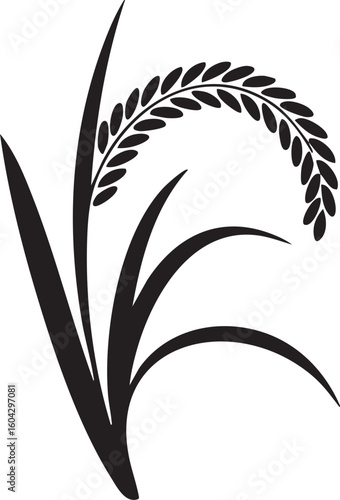 Stylized black silhouette of a single rice stalk with a curved grain head and long leaves
