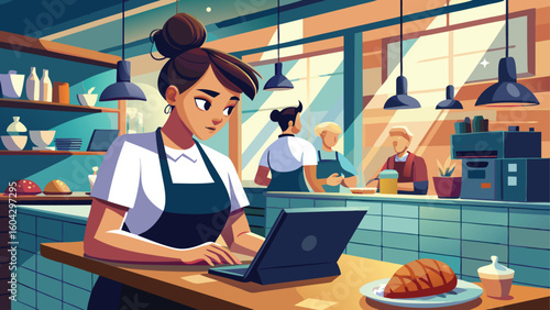 Barista working on laptop at coffee shop counter with customers