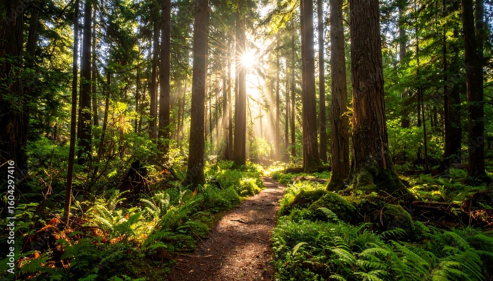 Obraz premium Sunlight streams through a dense forest path