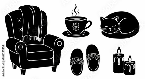 Cozy Home Doodle Icon Set – Hand Drawn Armchair, Teacup, Blanket, Cat, Slippers, Candles Sketch for Interior Vector Illustration


