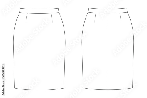 Front and back flat sketch of a classic women’s pencil skirt. Minimal outline for fashion design, clothing mockups, apparel CADs, or garment tech pack illustrations.