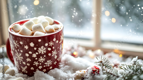 Wallpaper Mural  Hot cocoa with marshmallows in a festive mug, set against a snowy window (1) Torontodigital.ca