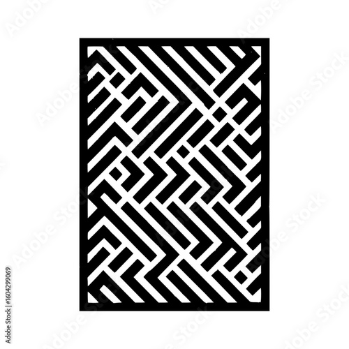 Black and white abstract geometric pattern with interlocking lines forming a complex maze like design inside frame